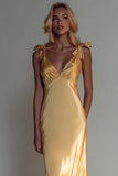 Yellow Satin V-Neck Sheath Long Wedding Guest Dress with Bows