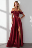 Burgundy A Line Off the Shoulder Long Wedding Guest Dress With Slit