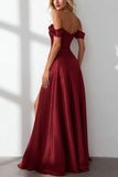 Burgundy A Line Off the Shoulder Long Wedding Guest Dress With Slit