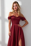 Burgundy A Line Off the Shoulder Long Wedding Guest Dress With Slit