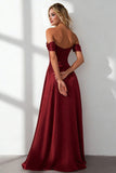 Burgundy A Line Off the Shoulder Long Wedding Guest Dress With Slit