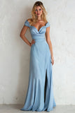 Off the Shoulder Light Blue Sheath Long Bridesmaid Dress With Slit