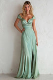 Off the Shoulder Light Blue Sheath Long Bridesmaid Dress With Slit