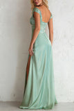 Off the Shoulder Light Blue Sheath Long Bridesmaid Dress With Slit