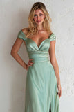 Off the Shoulder Light Blue Sheath Long Bridesmaid Dress With Slit