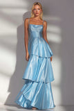 Light Blue Tiered A Line Spaghetti Straps Long Wedding Guest Dress
