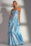 Tiered Light Blue Satin A Line Long Wedding Guest Dress With Ruffles