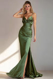 Mermaid Satin Green V-Neck Ruched Long Formal Dress With Slit