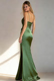 Mermaid Satin Green V-Neck Ruched Long Formal Dress With Slit