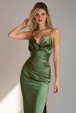 Mermaid Satin Green V-Neck Ruched Long Formal Dress With Slit