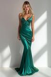 Mermaid Peacock Green V-Neck Satin Long Formal Dress