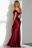 Burgundy Sheath Off the Shoulder Long Formal Dress With Slit