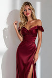 Burgundy Sheath Off the Shoulder Long Formal Dress With Slit