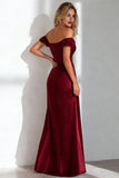 Burgundy Sheath Off the Shoulder Long Formal Dress With Slit