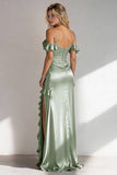 Cold Shoulder Light Green Sheath Satin Long Wedding Guest Dress With Slit