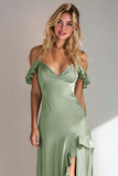 Cold Shoulder Light Green Sheath Satin Long Wedding Guest Dress With Slit