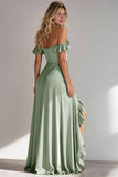 Cold Shoulder Light Green Sheath Satin Long Wedding Guest Dress With Slit