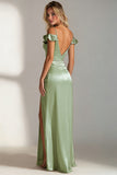 Sage Green Sheath Satin Spaghetti Straps Long Wedding Guest Dress With Slit