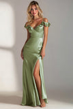 Sage Green Sheath Satin Spaghetti Straps Long Wedding Guest Dress With Slit