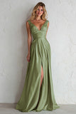 Satin V-Neck Sage Green A Line Long Bridesmaid Dress With Slit