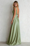 Satin V-Neck Sage Green A Line Long Bridesmaid Dress With Slit