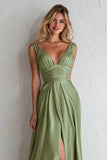 Satin V-Neck Sage Green A Line Long Bridesmaid Dress With Slit