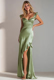 Sheath Sage Green Backless Satin Long Wedding Guest Dress With Slit