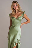 Sheath Sage Green Backless Satin Long Wedding Guest Dress With Slit