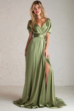V-Neck Sage Green A Line Short Sleeves Long Bridesmaid Dress With Slit