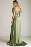 V-Neck Sage Green A Line Short Sleeves Long Bridesmaid Dress With Slit