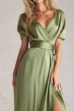 V-Neck Sage Green A Line Short Sleeves Long Bridesmaid Dress With Slit