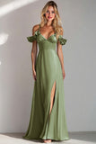 Sage Green Cold Shoulder A Line Long Bridesmaid Dress With Slit