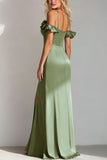 Sage Green Cold Shoulder A Line Long Bridesmaid Dress With Slit