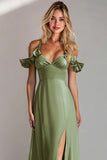 Sage Green Cold Shoulder A Line Long Bridesmaid Dress With Slit