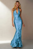 Sky Blue Halter Mermaid Ruffle Long Wedding Guest Dress