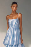 Light Blue A Line Spaghetti Straps Tiered Ruffle Wedding Guest Dress