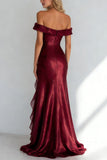 Mermaid Off the Shoulder Burgundy Long Formal Dress with Ruffles