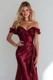Mermaid Off the Shoulder Burgundy Long Formal Dress with Ruffles