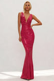 Metallic Fuchsia Mermaid Ruched V Neck Formal Dress