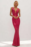 Metallic Fuchsia Mermaid Ruched V Neck Formal Dress