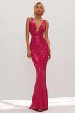 Metallic Fuchsia Mermaid Ruched V Neck Formal Dress