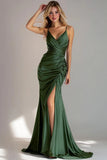 Dark Green Mermaid Ruched Spaghetti Straps Formal Dress with Slit
