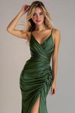Dark Green Mermaid Ruched Spaghetti Straps Formal Dress with Slit