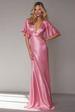 Pink Mermaid V Neck Satin Long Wedding Guest Dress with Sleeves