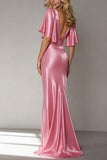Pink Mermaid V Neck Satin Long Wedding Guest Dress with Sleeves