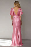 Pink Mermaid V Neck Satin Long Wedding Guest Dress with Sleeves