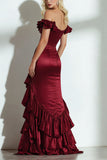 Off the Shoulder Burgundy A Line Formal Dress with Ruffles