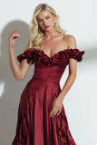 Off the Shoulder Burgundy A Line Formal Dress with Ruffles
