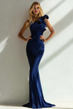 Elegant Navy One Shoulder Mermaid Satin Long Formal Dress
