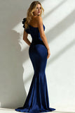 Elegant Navy One Shoulder Mermaid Satin Long Formal Dress